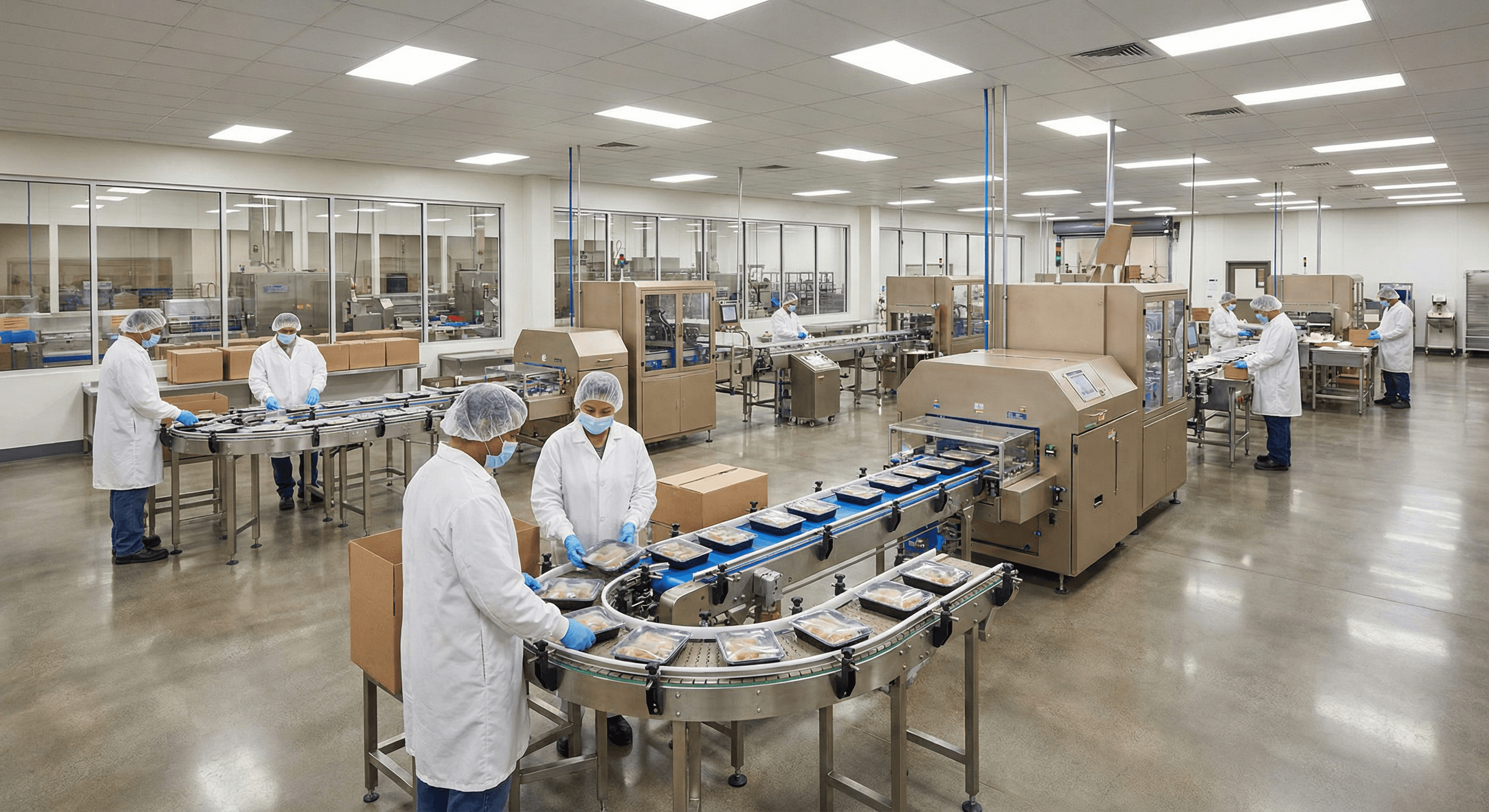 Modern food production facility with conveyor belts and workers in clean room environment