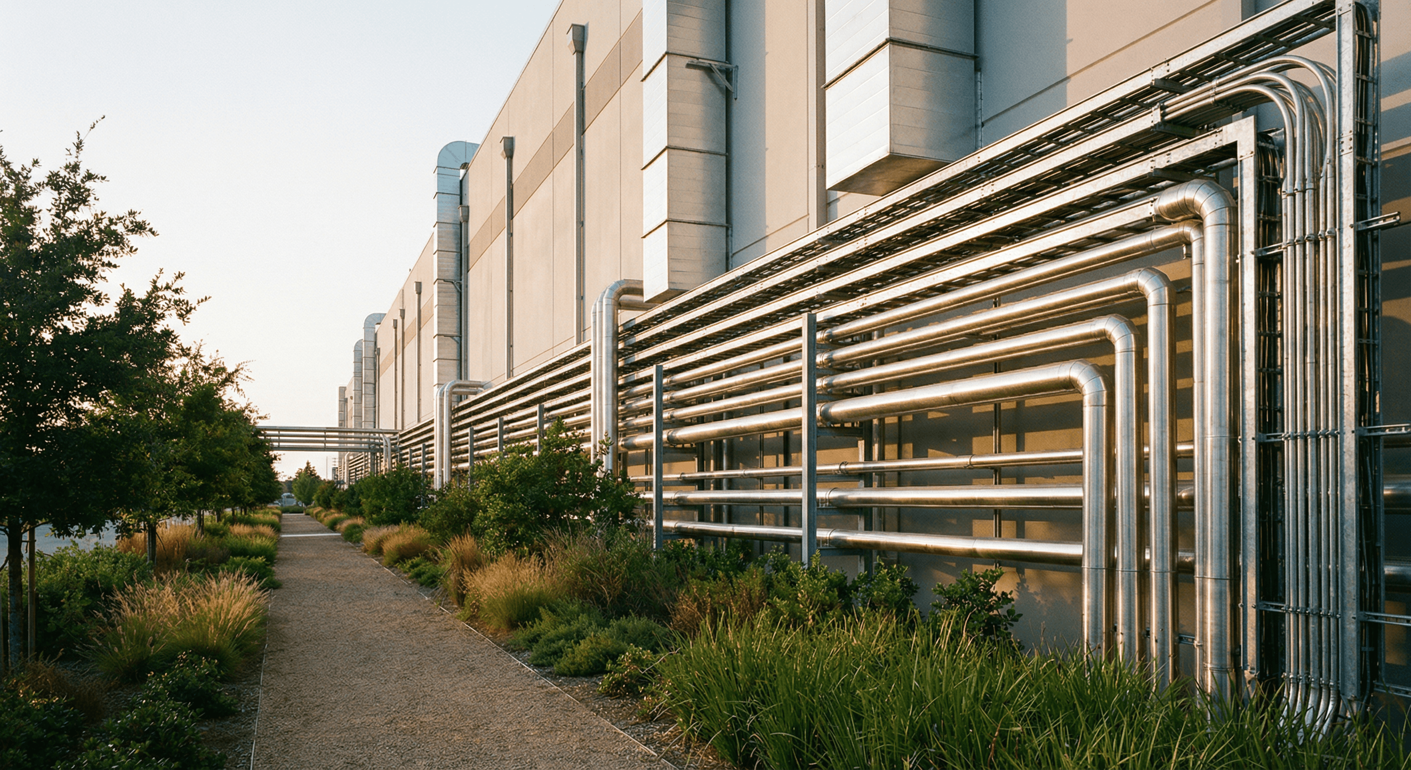 Modern industrial infrastructure with engineering systems and green landscaping