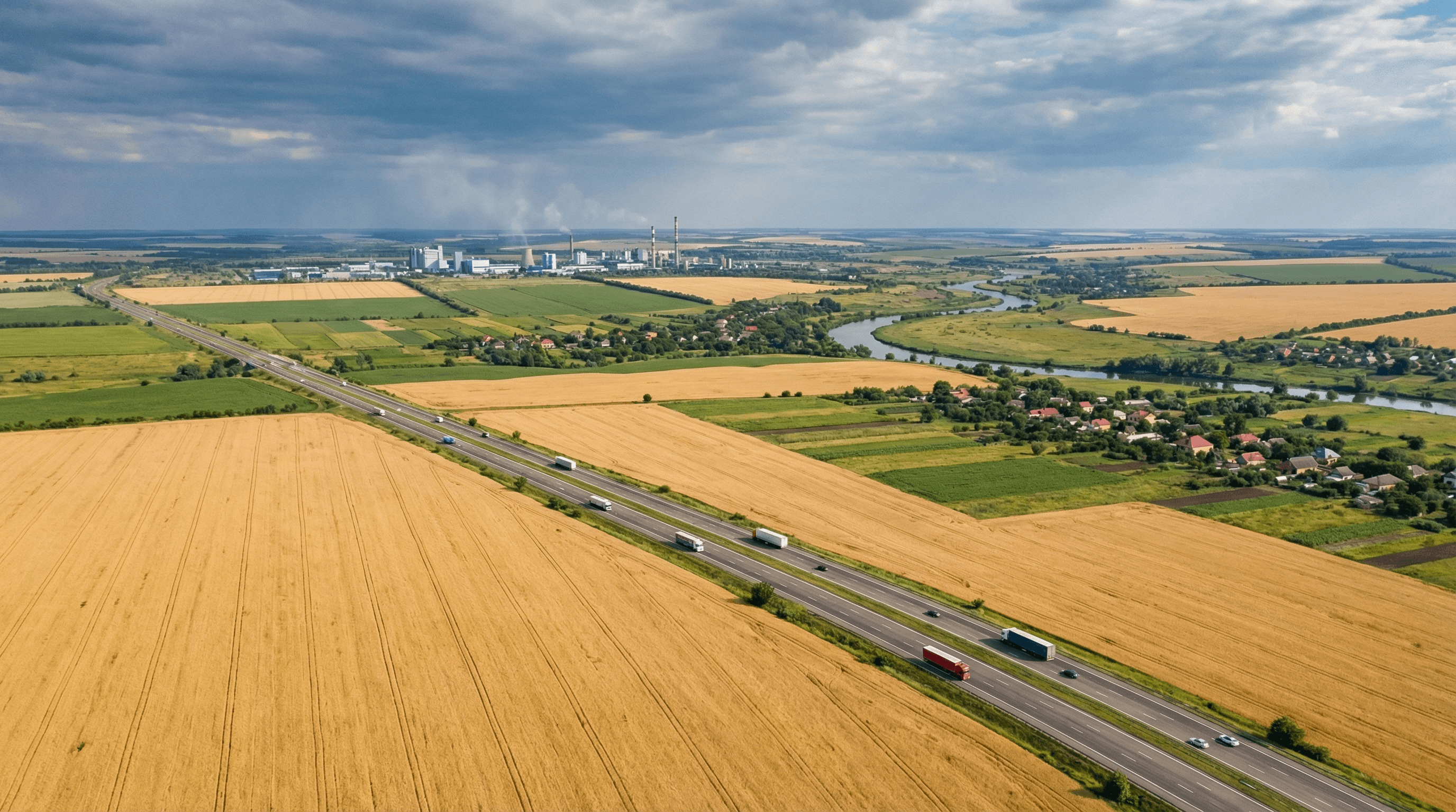 Aerial view of Ukrainian agricultural landscape with highways and industrial zone